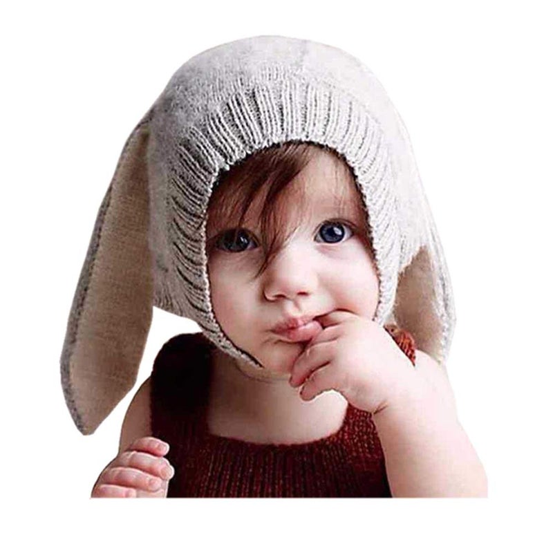 XYX Crochet Earflap Pilot Hats Rabbit Ears Beanie Cap Winter Warm Knit Caps for Toddlers Baby Girls and Boys Gray - Image 1